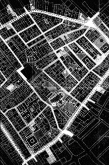 a black and white map of a city with lots of buildings and streets