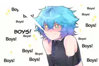 a girl with blue hair is surrounded by boys written on a white background