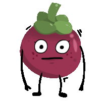 a cartoon illustration of a purple fruit with arms and legs making a sad face