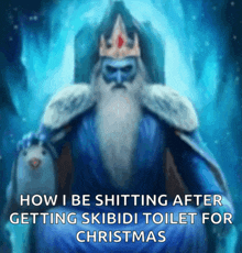 a picture of ice king from adventure time with the caption how i be shitting after getting skididi toilet for christmas