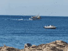 a boat is in the middle of the ocean with seagulls flying around it