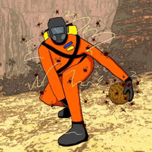 a cartoon drawing of a man in an orange suit surrounded by bees