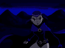 raven from teen titans stands in front of a mountain range