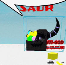 a cartoon drawing of a monster in a box with a speech bubble saying saur