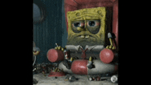 spongebob is sitting on a red couch with a life preserver