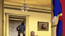 a cartoon of superman standing in a room with a chandelier