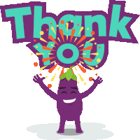 a purple cartoon character is holding up the word thank you above his head