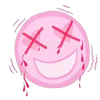 a pink smiley face with crossed eyes and blood coming out of them