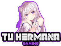 a logo for tu hermana gaming shows a girl with white hair and purple eyes