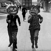 a black and white photo of two men running down a street with a sign in the background that says the rose 10 cents