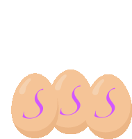 three brown eggs with purple letters sss on them