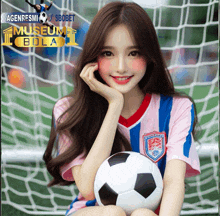 a girl holding a soccer ball in front of a soccer net with the words museum bola on the bottom