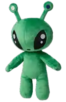 a green alien stuffed animal with big eyes and antennas