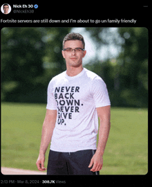 a man wearing a white t-shirt that says never back down never give up