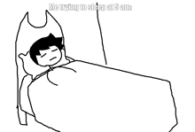 a black and white drawing of a person sleeping in a bed with the caption " me trying to sleep at 5am "