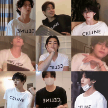 a collage of photos of a man wearing a celine shirt