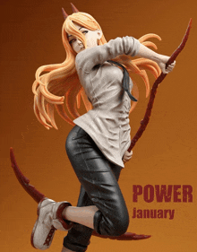 a statue of a girl with long blonde hair and the words power january below her