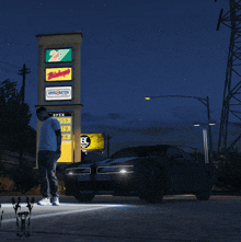 a man stands in front of a gas station that says open