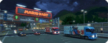 a video game scene with a mario kart sign in the foreground