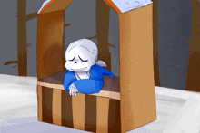 a drawing of a skeleton sitting in a cardboard box with his eyes closed