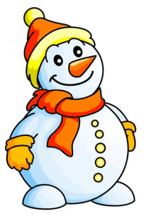 a cartoon snowman wearing a red hat and orange scarf .