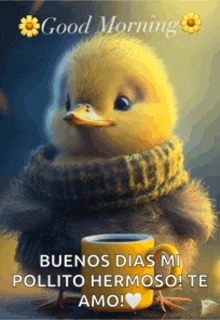 a duck with a scarf around its neck is holding a yellow cup of coffee