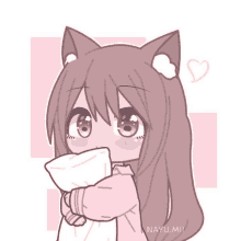 a girl with cat ears is holding a pillow in her hands