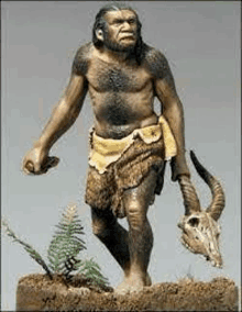 a statue of a caveman holding a goat skull and a spear .