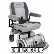 a grey and white hoverboard with the words chair force one written below it