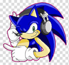 sonic the hedgehog wearing headphones and a hat is pointing at something .