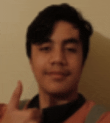 a young man is giving a thumbs up sign while wearing an orange vest .