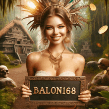 a woman is holding a sign that says balon168 on it