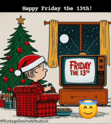 a cartoon of a boy sitting in front of a television that says friday the 13th