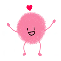 a cartoon drawing of a pink ball with arms and legs and a heart above it