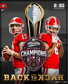 a poster for the 2023 national champions with two football players and a trophy