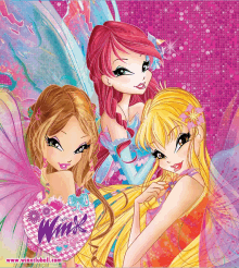 a picture of three fairy girls with the word winx in the corner