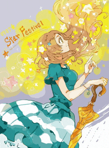 a girl in a blue and white dress is holding an umbrella and the words star festival are above her