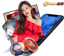 a woman in a red top is surrounded by poker chips and a phone .