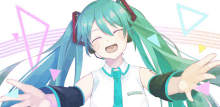 hatsune miku is smiling with her arms outstretched in front of a white background