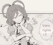 a black and white drawing of a girl with a speech bubble that says trans rights