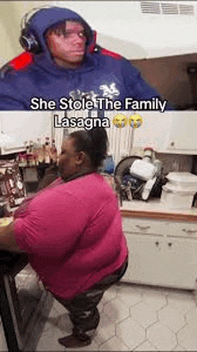 a man in a blue hoodie is sitting in a kitchen next to a woman in a pink shirt cooking lasagna .