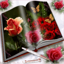 an open book surrounded by roses and butterflies with imikimi.com at the bottom