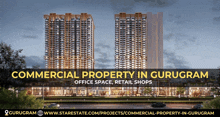 an advertisement for commercial property in gurugram with a picture of two buildings