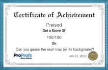 a certificate of achievement that says praised got a score of 100/100 on january 20 2022