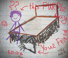 a drawing of a stick figure standing next to a bed with the words " this purple " written on it