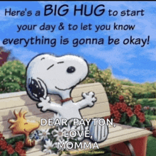 a picture of snoopy and woodstock sitting on a bench with a big hug written on it