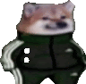 a shiba inu dog wearing a black jacket and green pants .