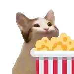 a cat is eating popcorn from a striped bucket .