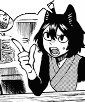 a black and white drawing of a girl with a cat 's ears pointing at something .