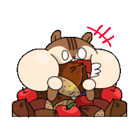 a cartoon chipmunk is eating nuts and apples